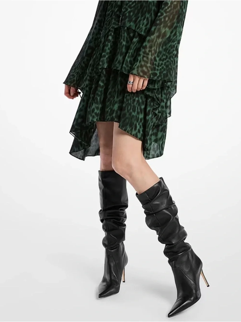 Michael Kors Black Slouchy Knee-High Pointed-Toe Stiletto Dawn Leather Boots